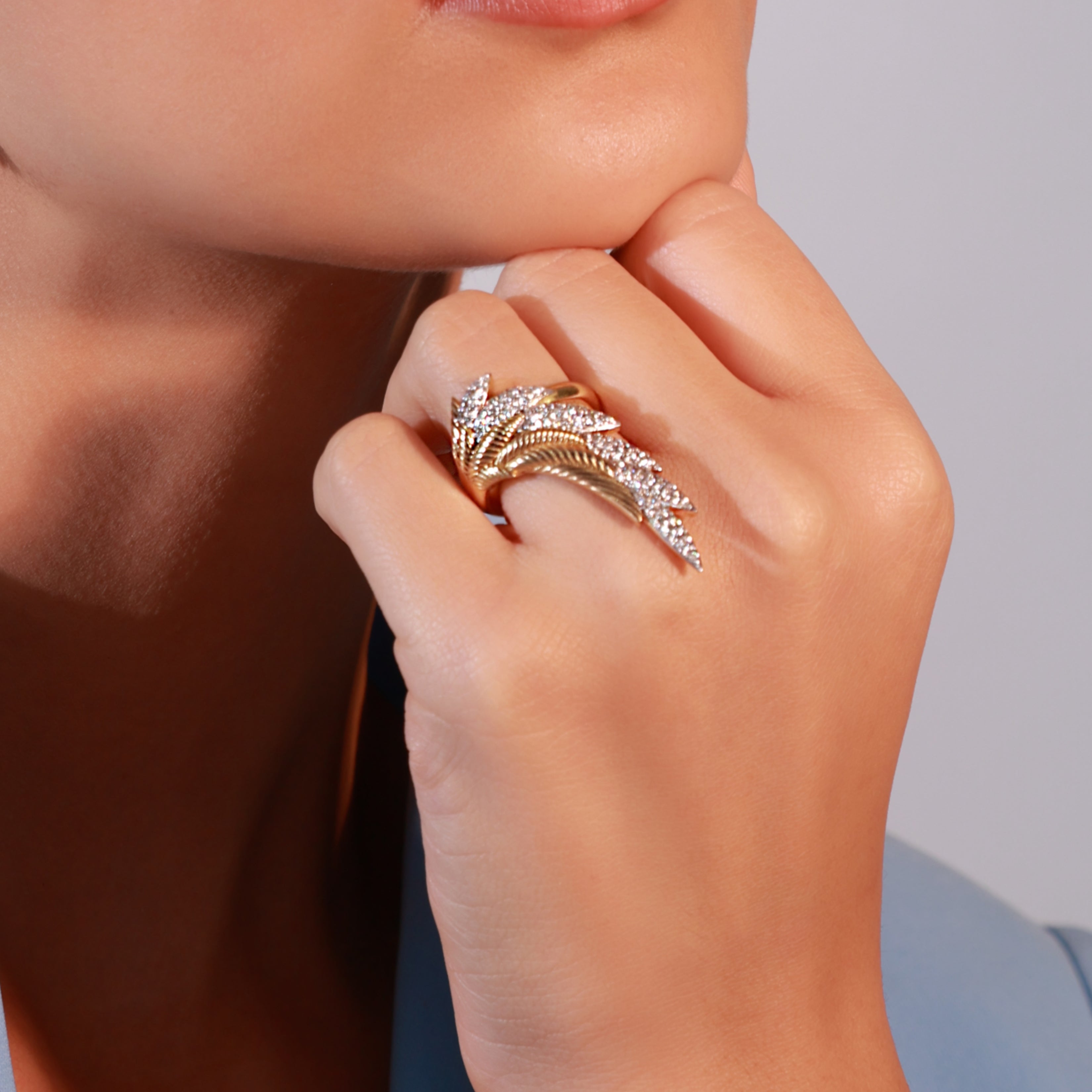 Single Winged Ring in Textured Gold with a hinge of Diamond Pave