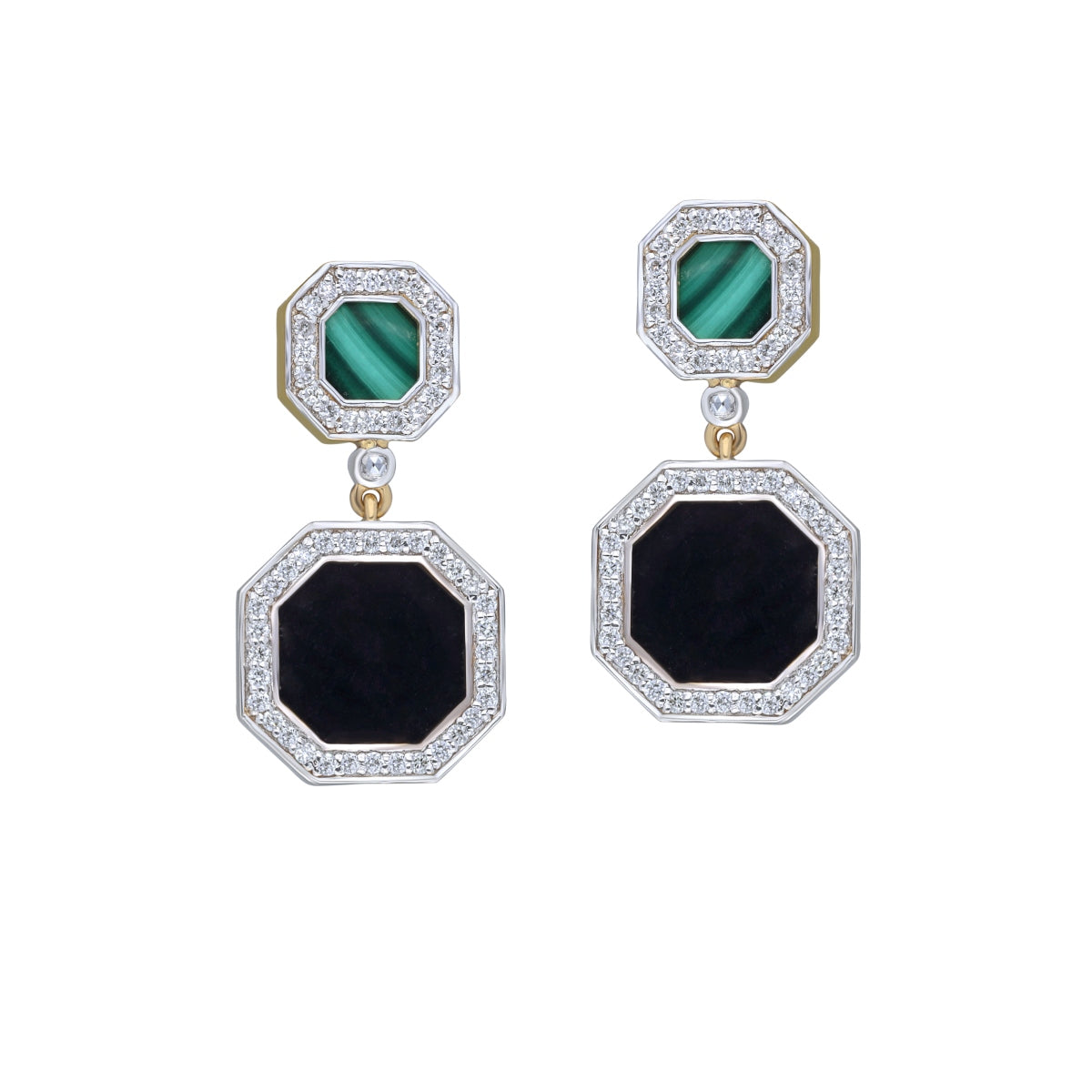 Octagon Malachite and Black Onyx Diamond Earrings