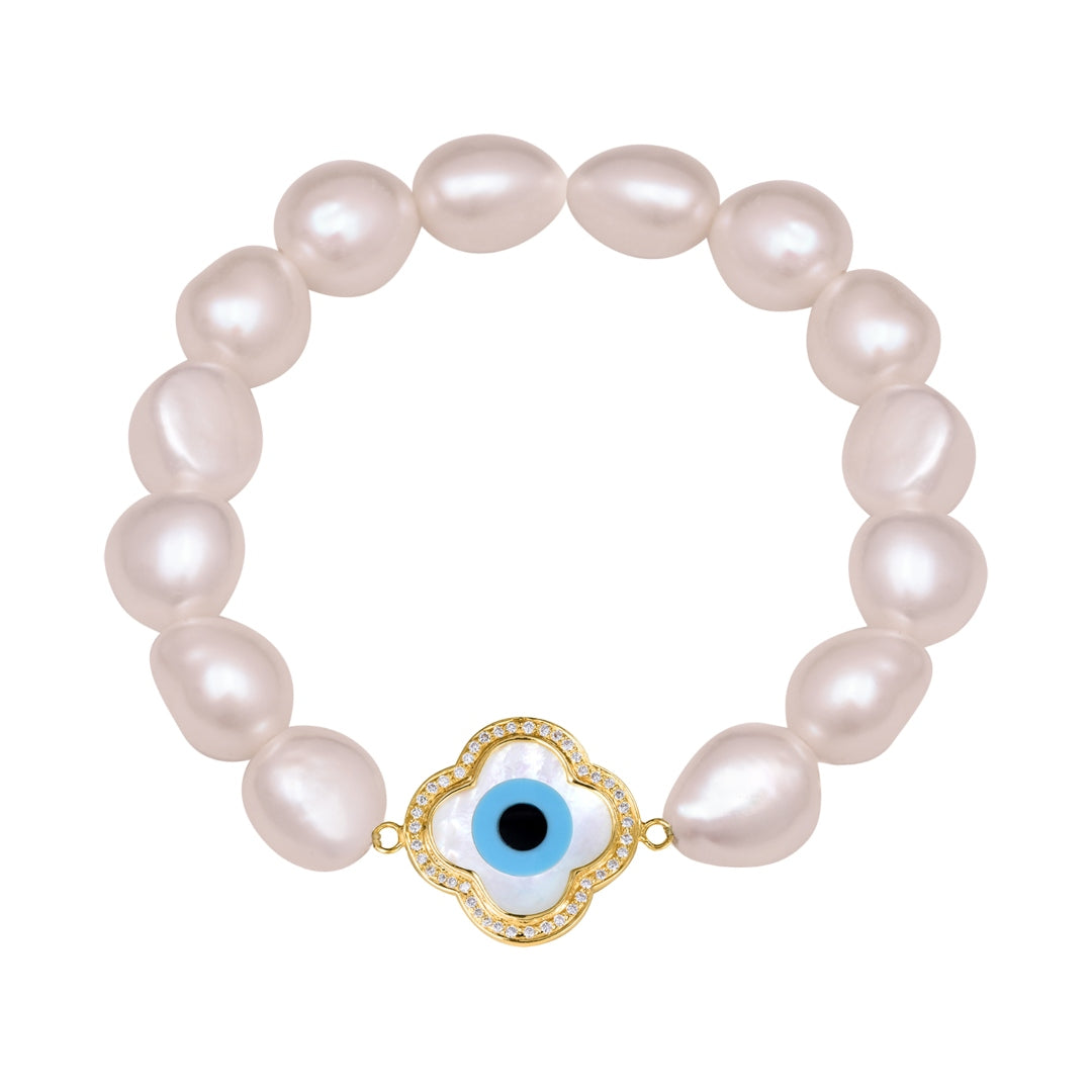 Small Clover Evil Eye Diamond Pink Pearl Bracelet