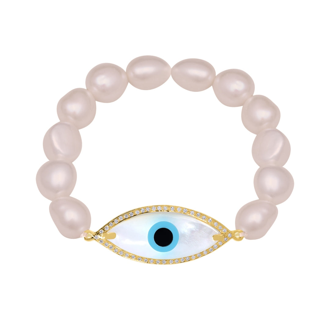 Large Marquise Evil Eye Diamond Pink Pearl Bracelet