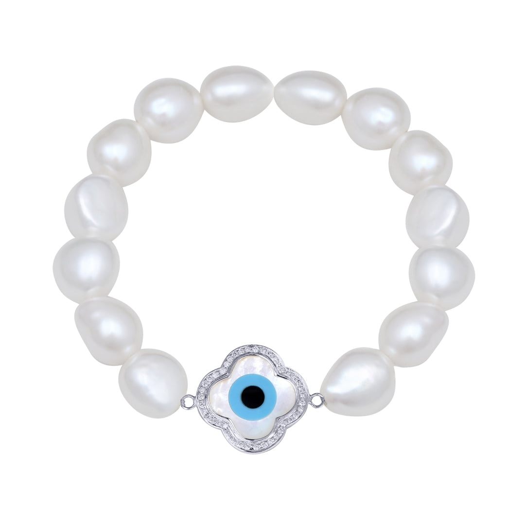 Small Clover Evil Eye Diamond Pearl Bracelet