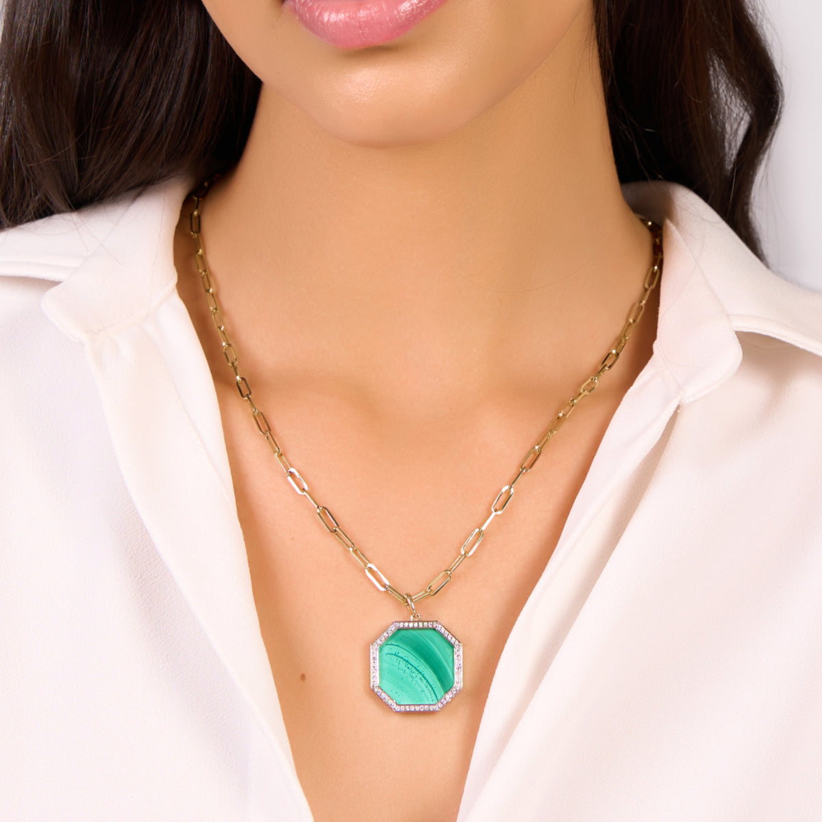 Large Octagon Malachite Diamond Link Chain Pendant – KAJ Fine Jewellery