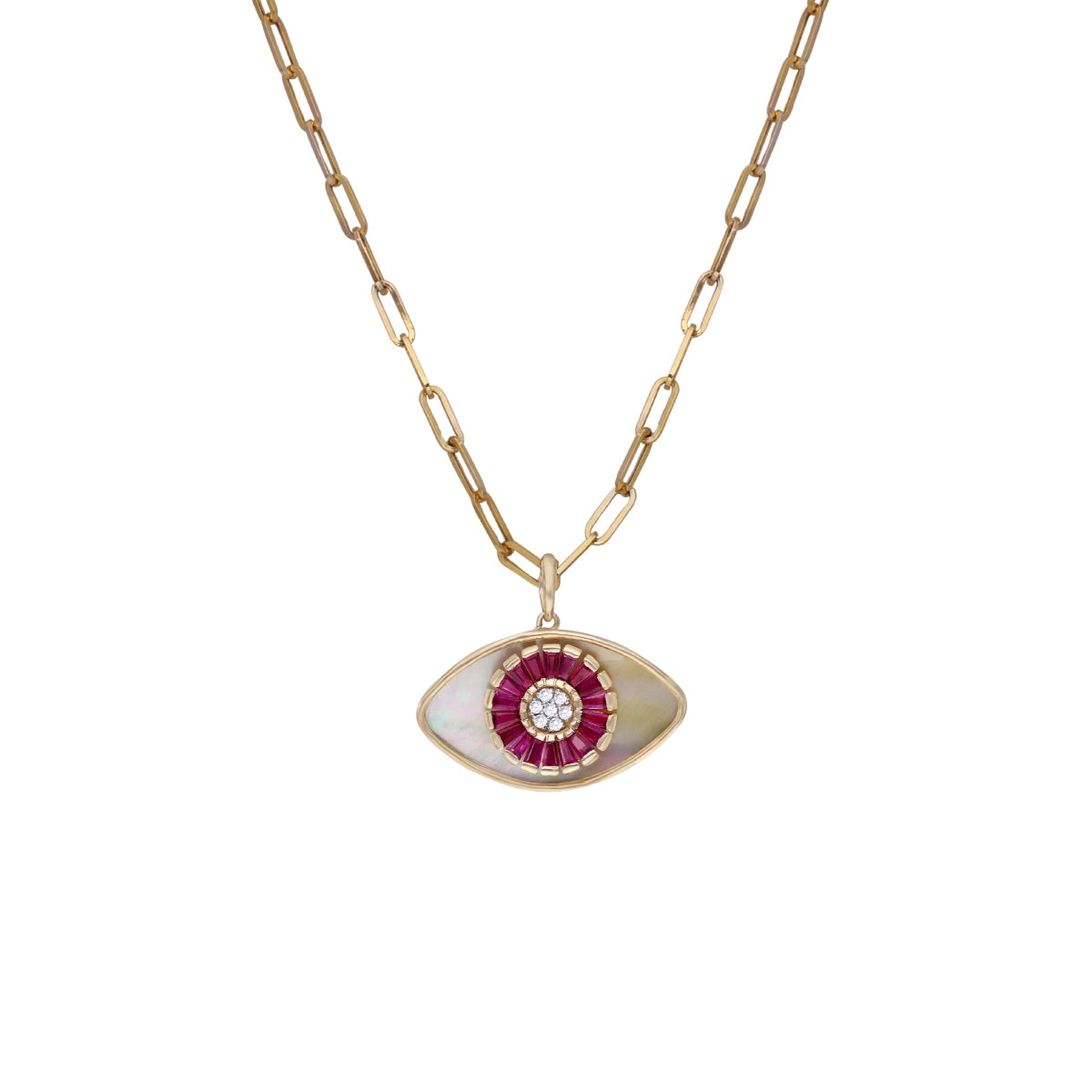 Marquise Mother of Pearl Ruby Diamond Inlay Link Chain Pendant