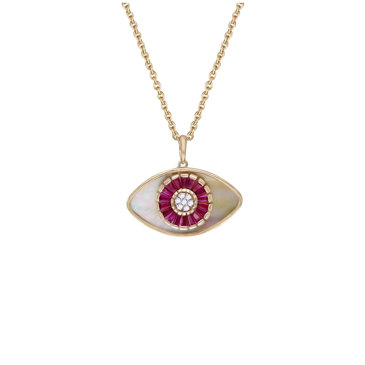 Marquise Mother of Pearl Ruby Diamond Inlay Chain Pendant