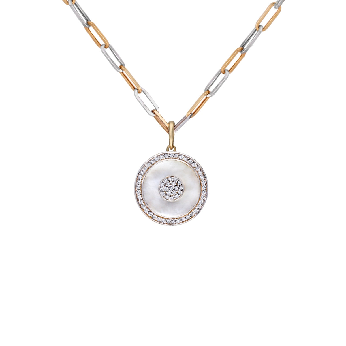Round Mother of Pearl Diamond Inlay Link Chain Pendant