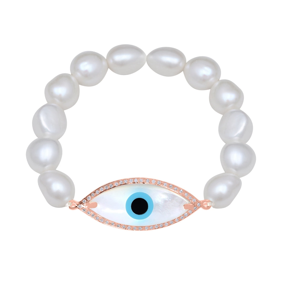 Large Marquise Evil Eye Diamond White Pearl Bracelet