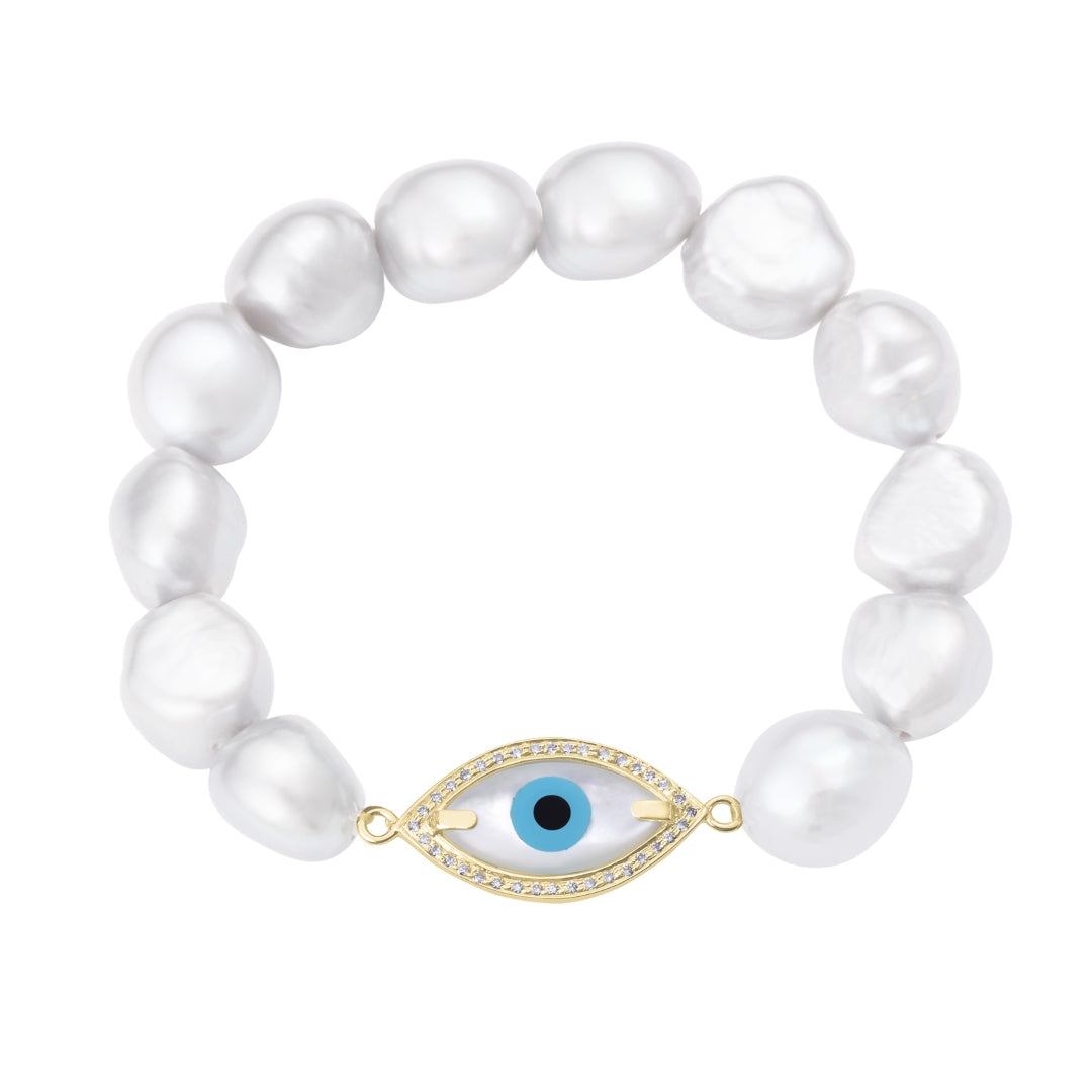 Medium Marquise Evil Eye Diamond White Pearl Bracelet