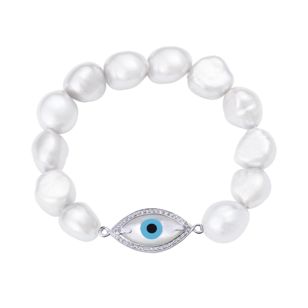 Medium Marquise Evil Eye Diamond White Pearl Bracelet